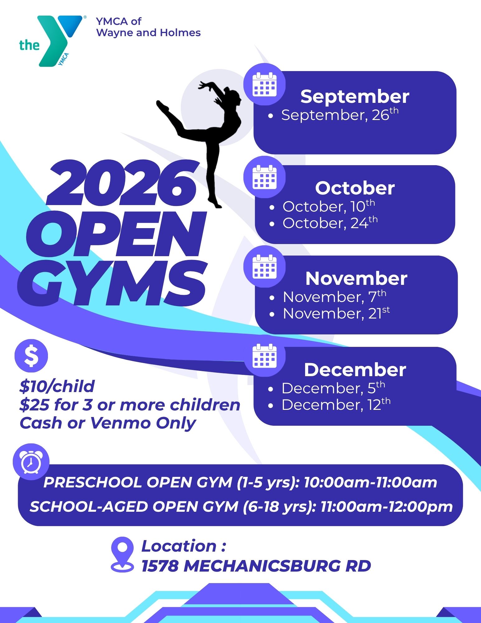 2026 Open Gyms 1578 Mechanics burg Road Sept 26th, October 10th and 24th, Nov 7th and 21st, and Dec 5th and 12th